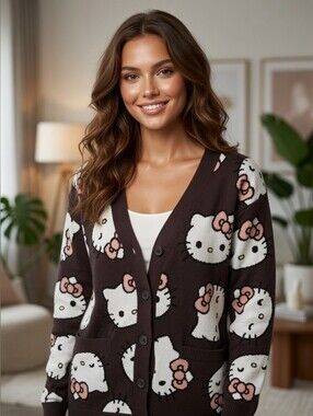 NWT Hello Kitty Brown Sanrio Button-Up Cardigan. Kitty W. Pink Bows. Ladies XS.